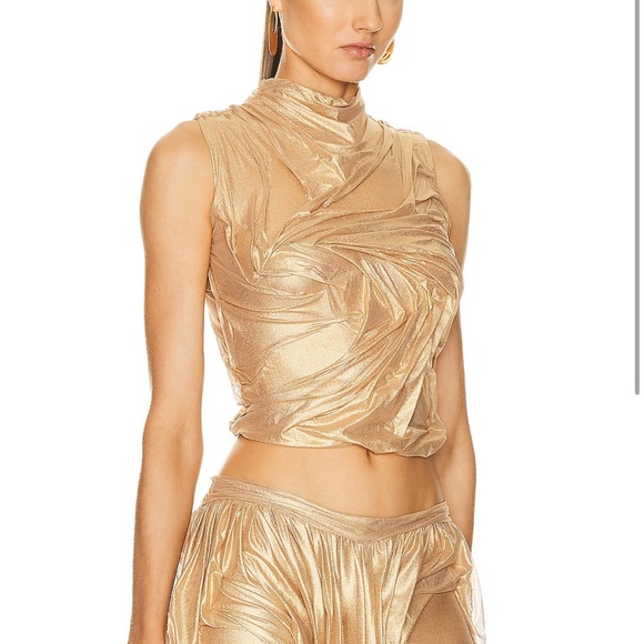 Di Petsa Tops - Di Petsa Gold Wet Look Draped Top High Neck Sleeveless XS